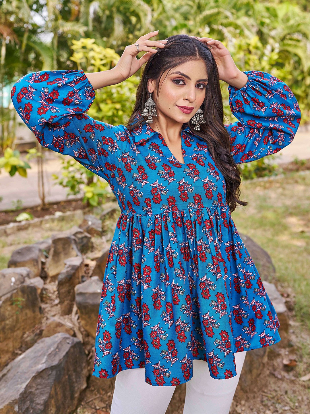 

Chandbaali Shirt Collar Printed Tunic, Blue