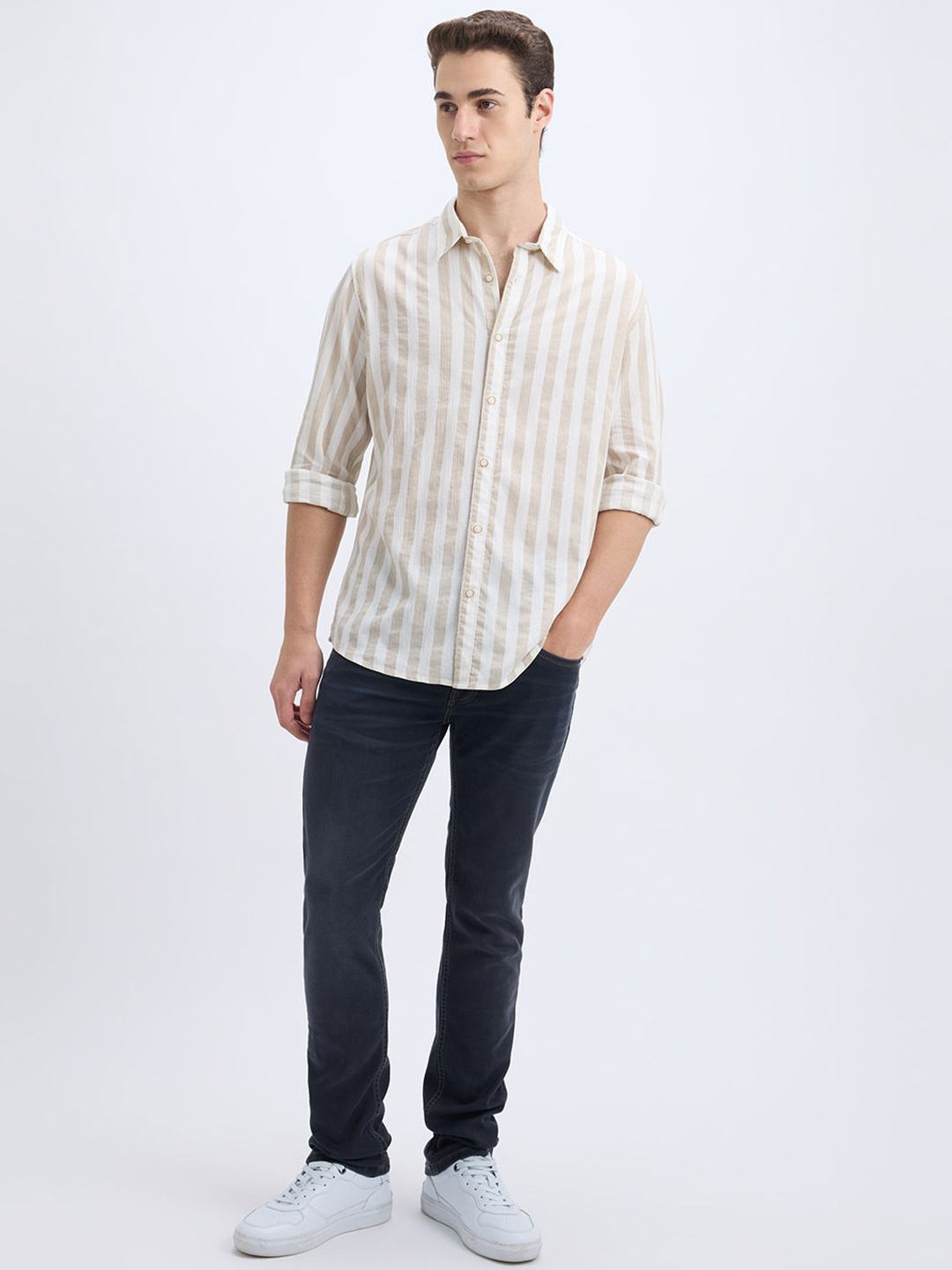

Pepe Jeans Men Spread Collar Vertical Striped Cotton Casual Shirt, Beige