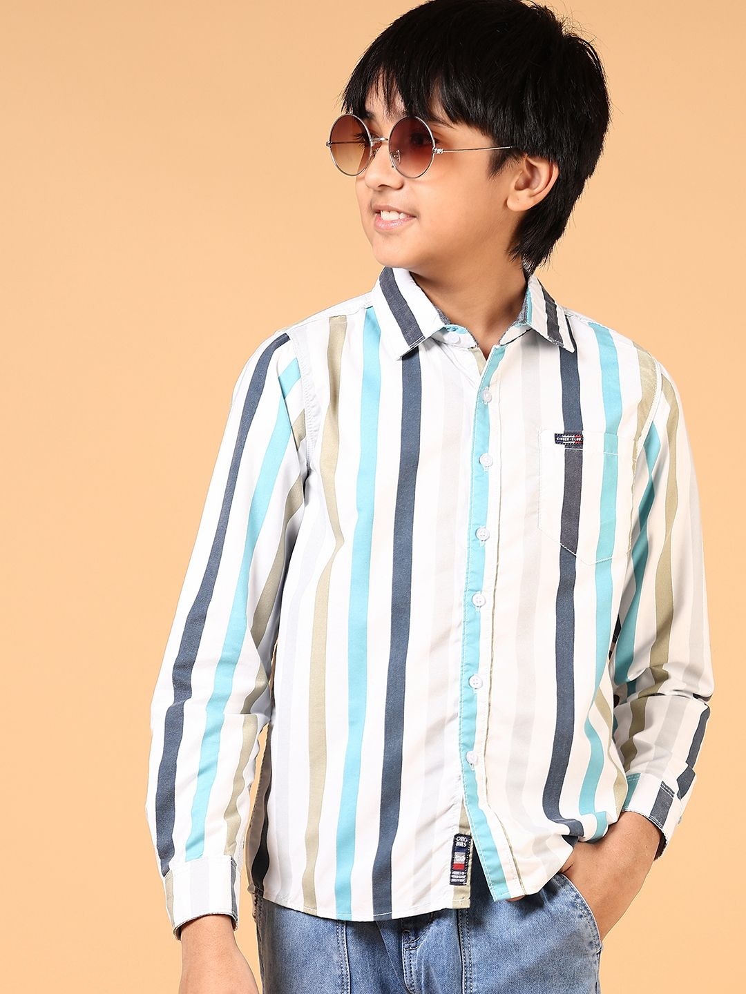 

V-Mart Boys Spread Collar Vertical Striped Cotton Casual Shirt, Blue