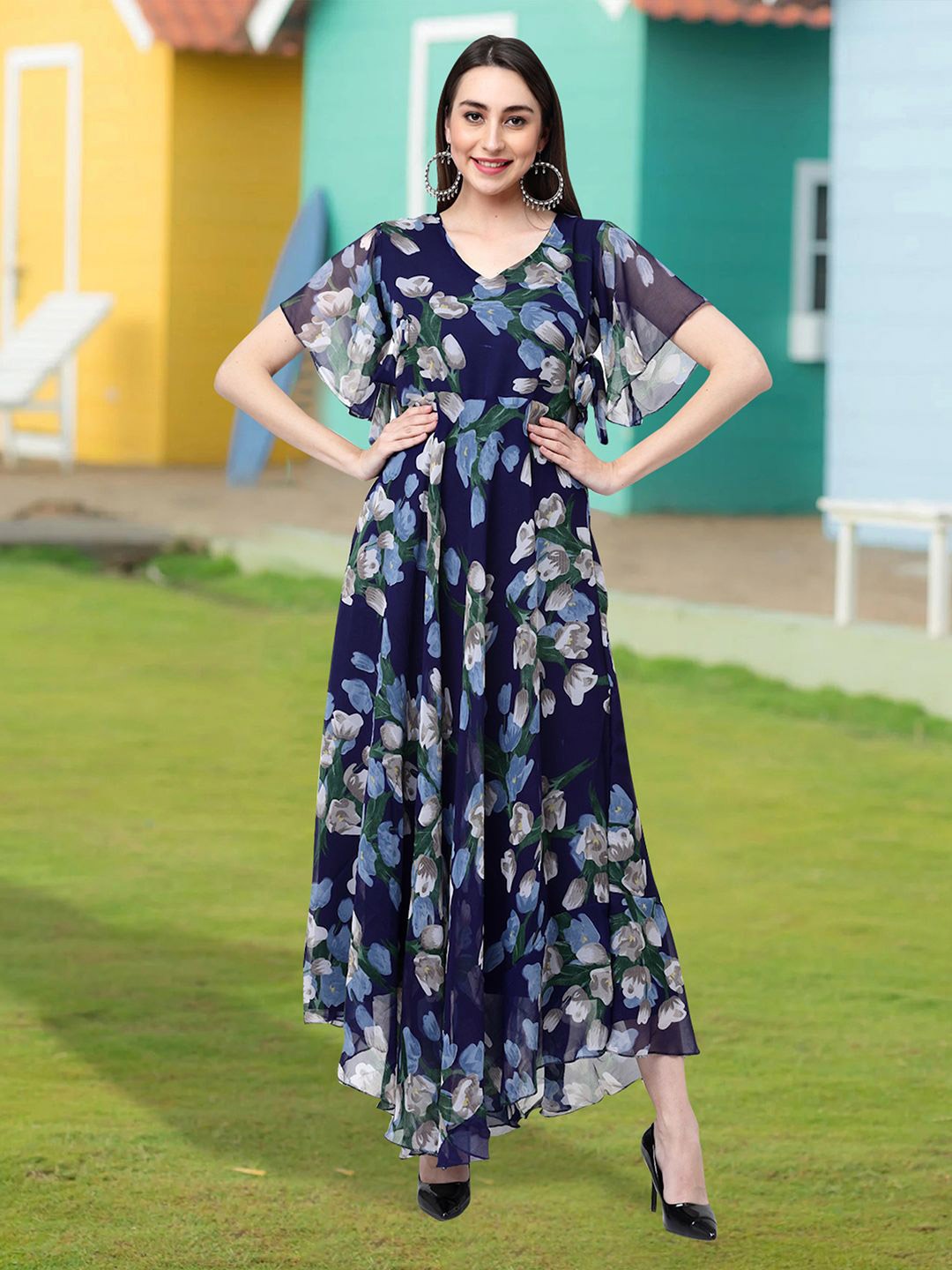 

MISS AYSE Floral Print Applique Fit & Flare Dress, Navy blue