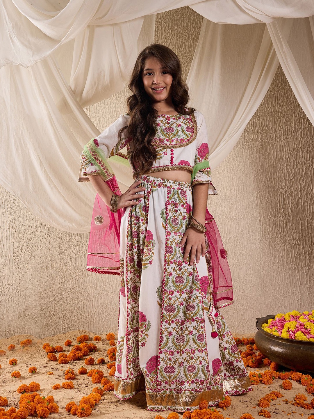 

pspeaches Girls Printed Ready to Wear Lehenga & Blouse With Dupatta, Off white