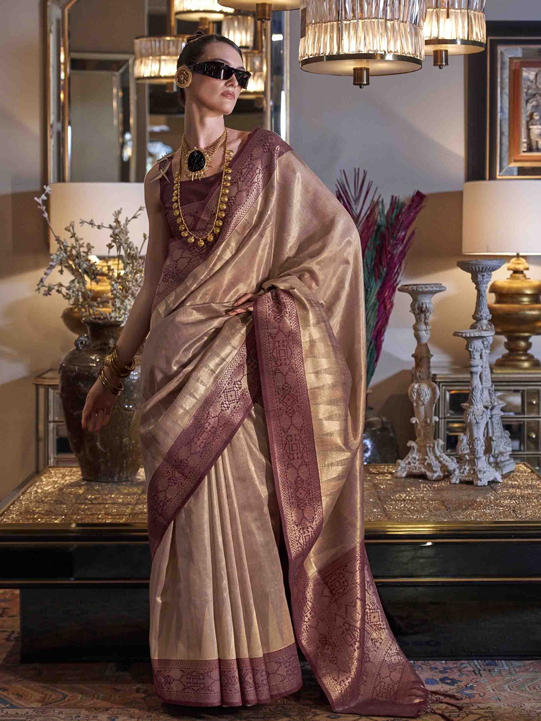 

Mitera Zari Tissue Saree, Mauve