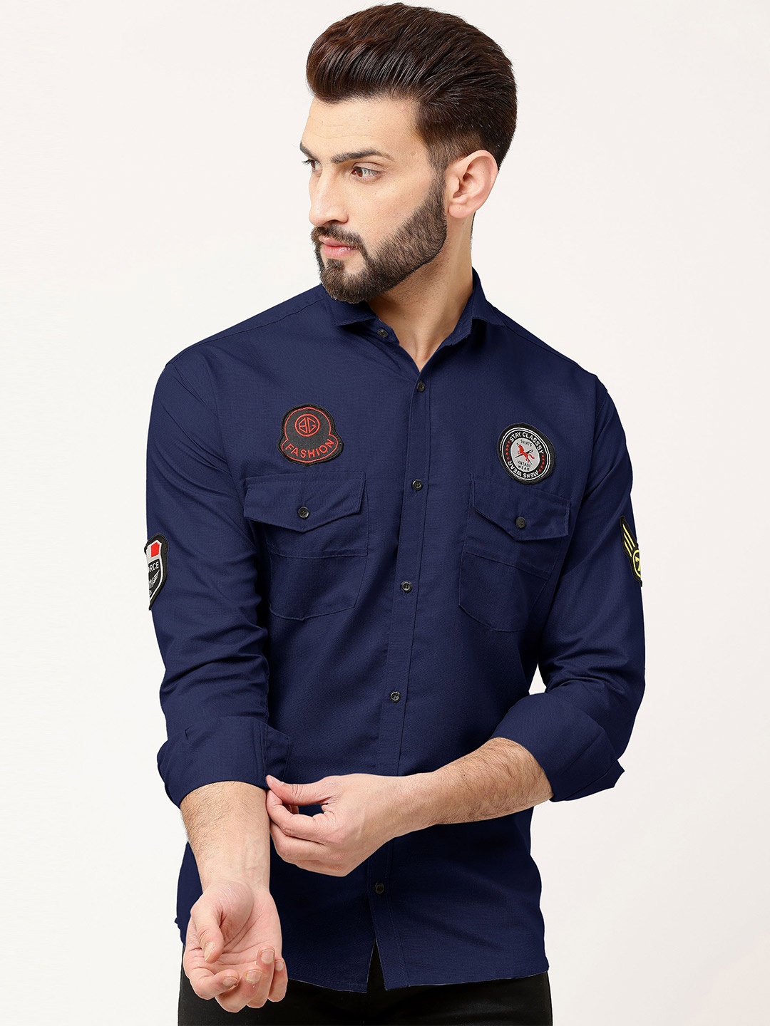 

WOXEN Men Original Fit Spread Collar Textured Cotton Casual Shirt, Navy blue