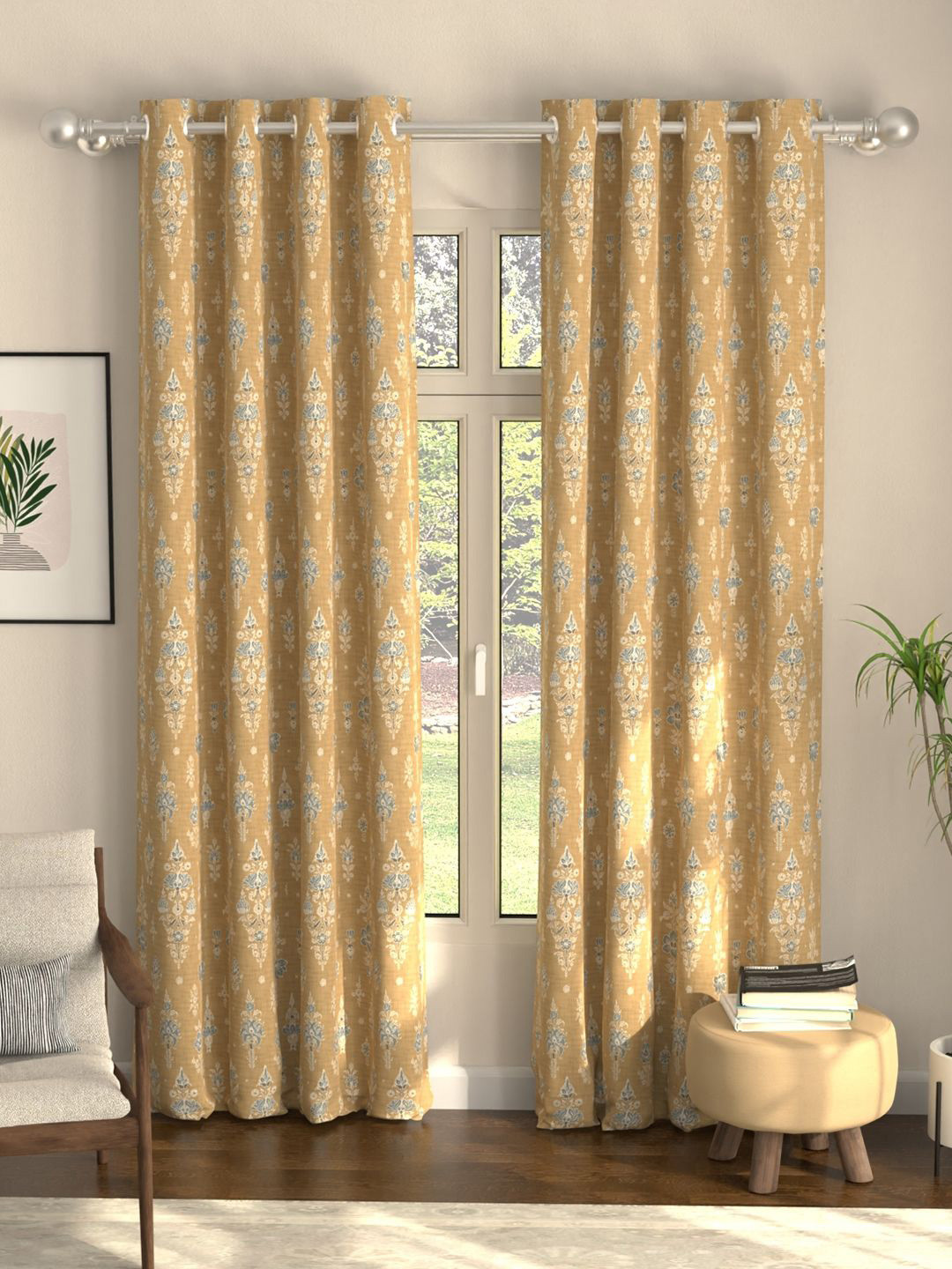 

URBAN SPACE Imperial Mustard Yellow 2 Pcs Floral Printed Black Out Long Door Curtains