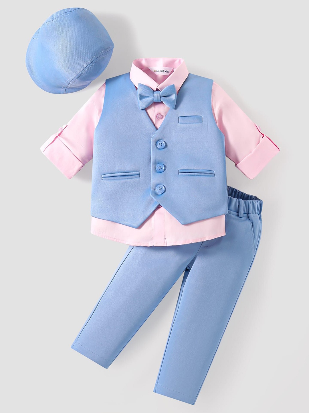 

Mark & Mia Boys Single Breasted 3 Piece Suit Waistcoat With Shirt Trouser & Hat & Bow Tie, Blue