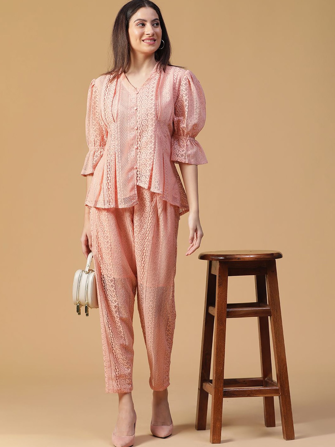 

VEGAL Self-Design V-Neck Top With Trousers, Peach