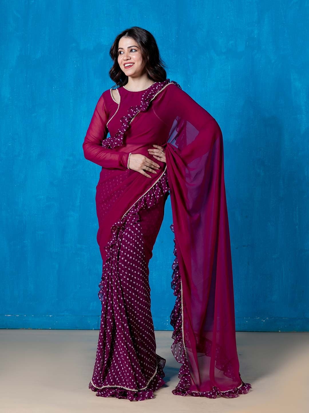 

NUD Polka Dot Printed Saree, Violet