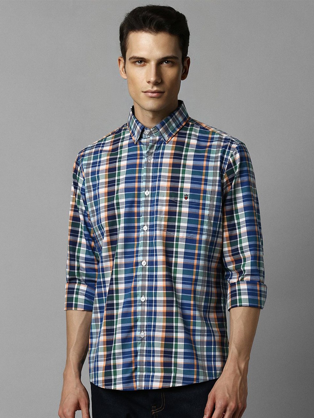

Louis Philippe Men Slim Fit Checked Pure Cotton Shirt, Blue