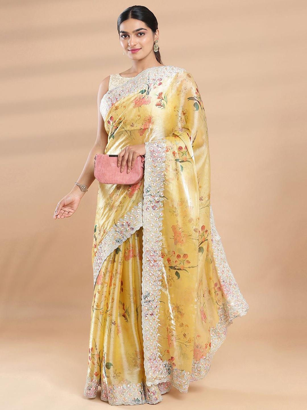 

Kalyan Silks Floral Beads and Stones Organza Saree, Gold