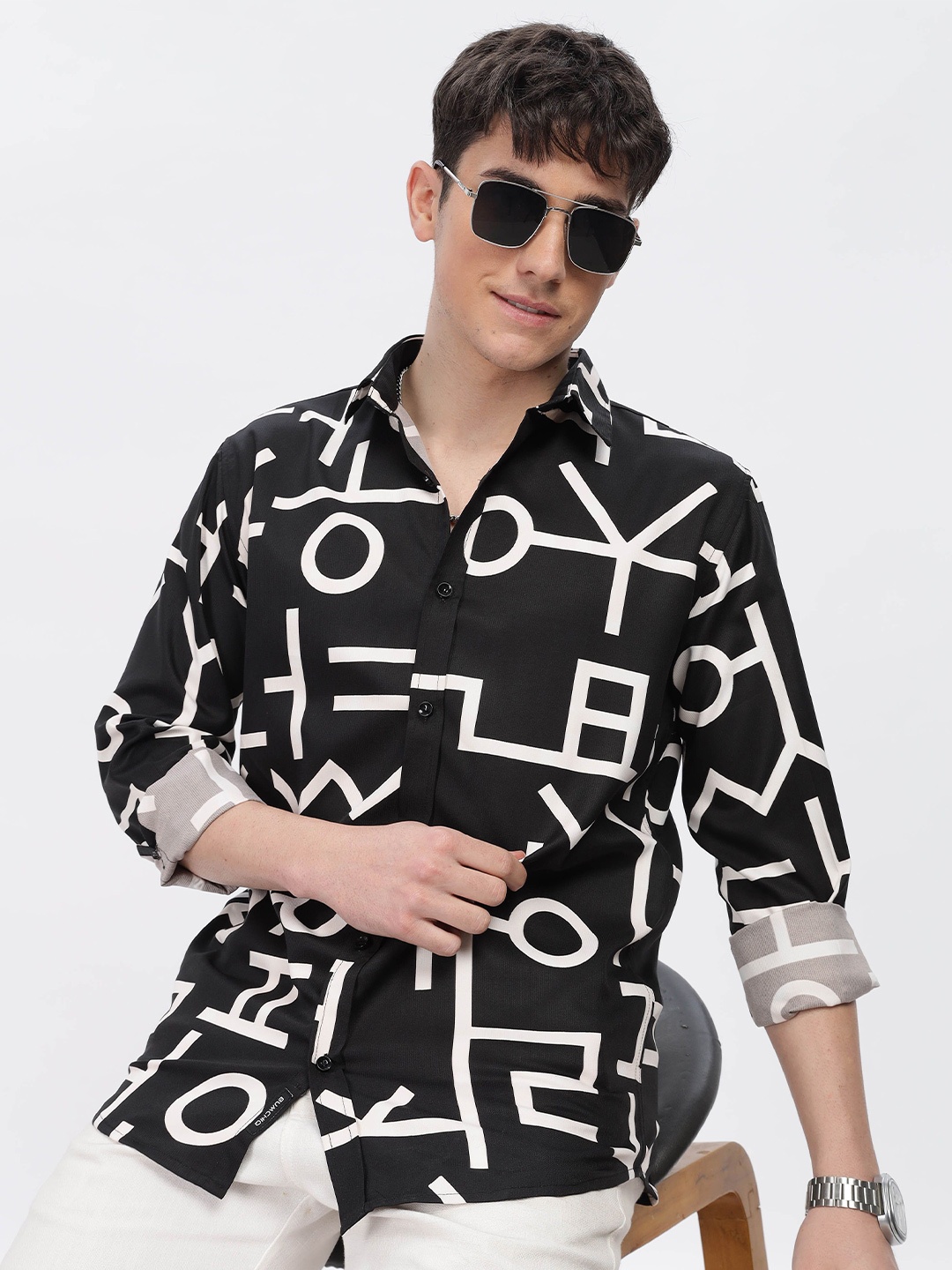 

BUMCHIQ Men Comfort Slim Fit Spread Collar Typography Printed Casual Shirt, Black