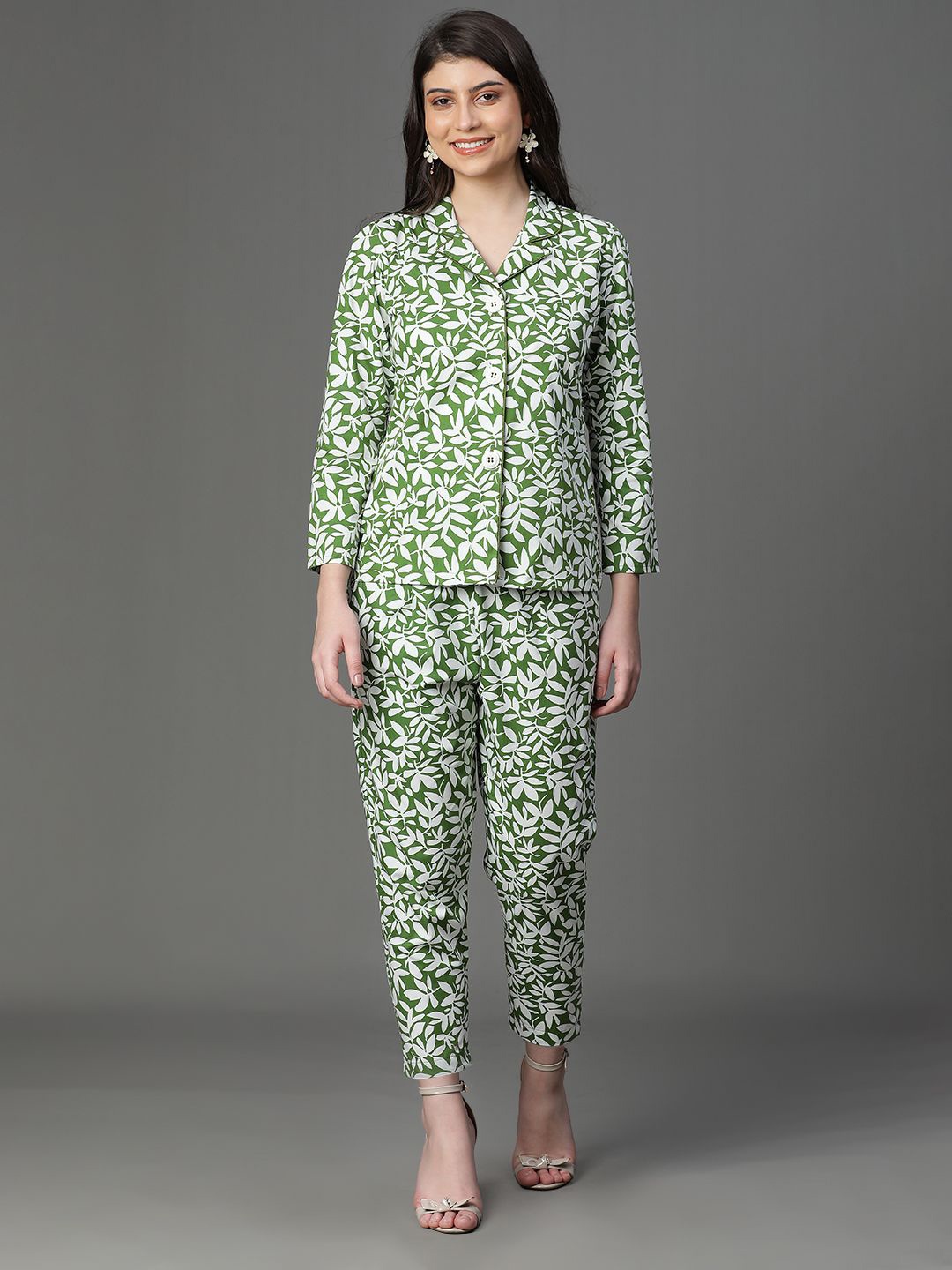 

VEGAL Printed Shirt Collar Pure Cotton Shirt With Trousers, Green