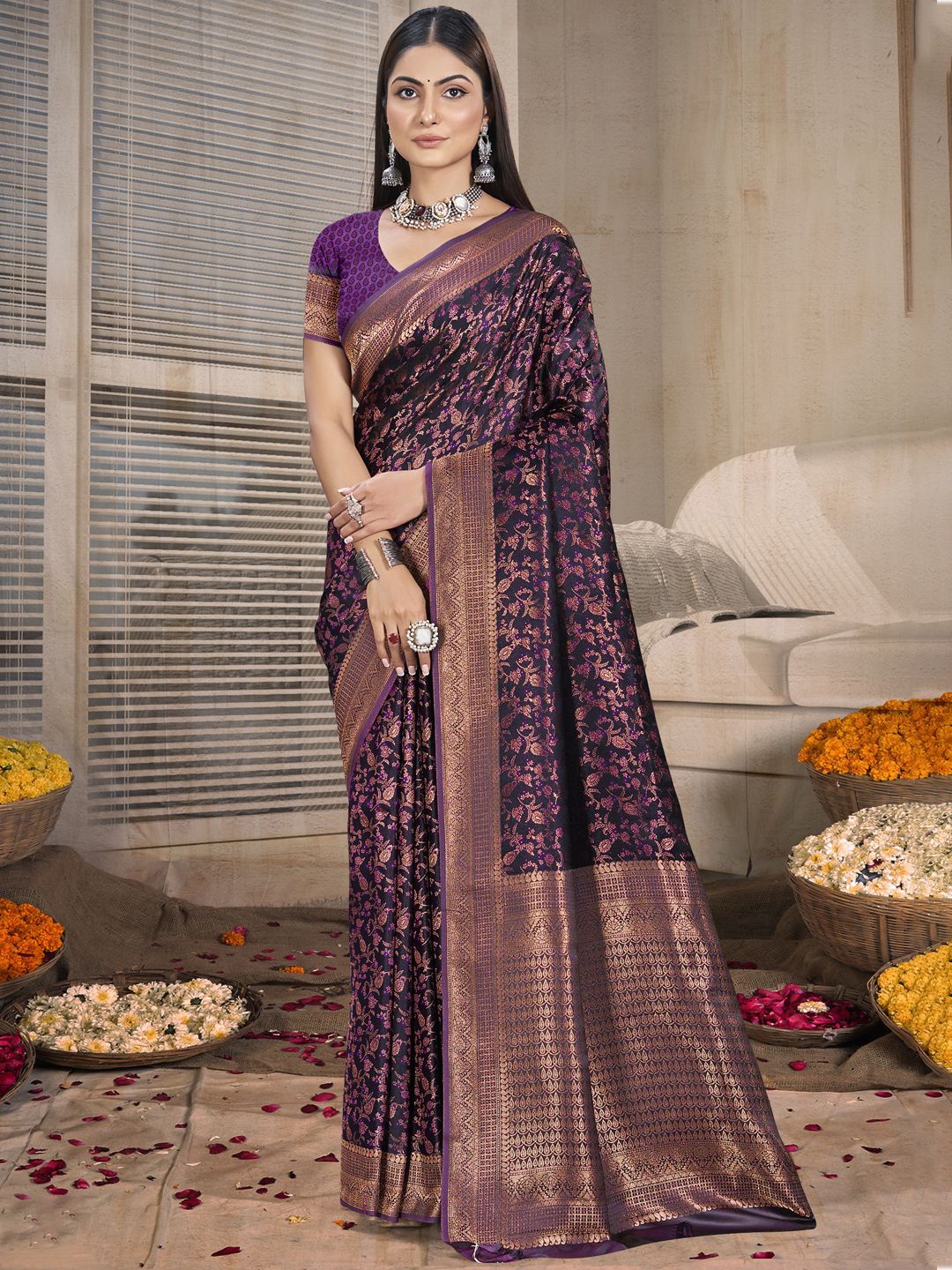 

SANGAM PRINTS Floral Zari Tussar Saree, Purple