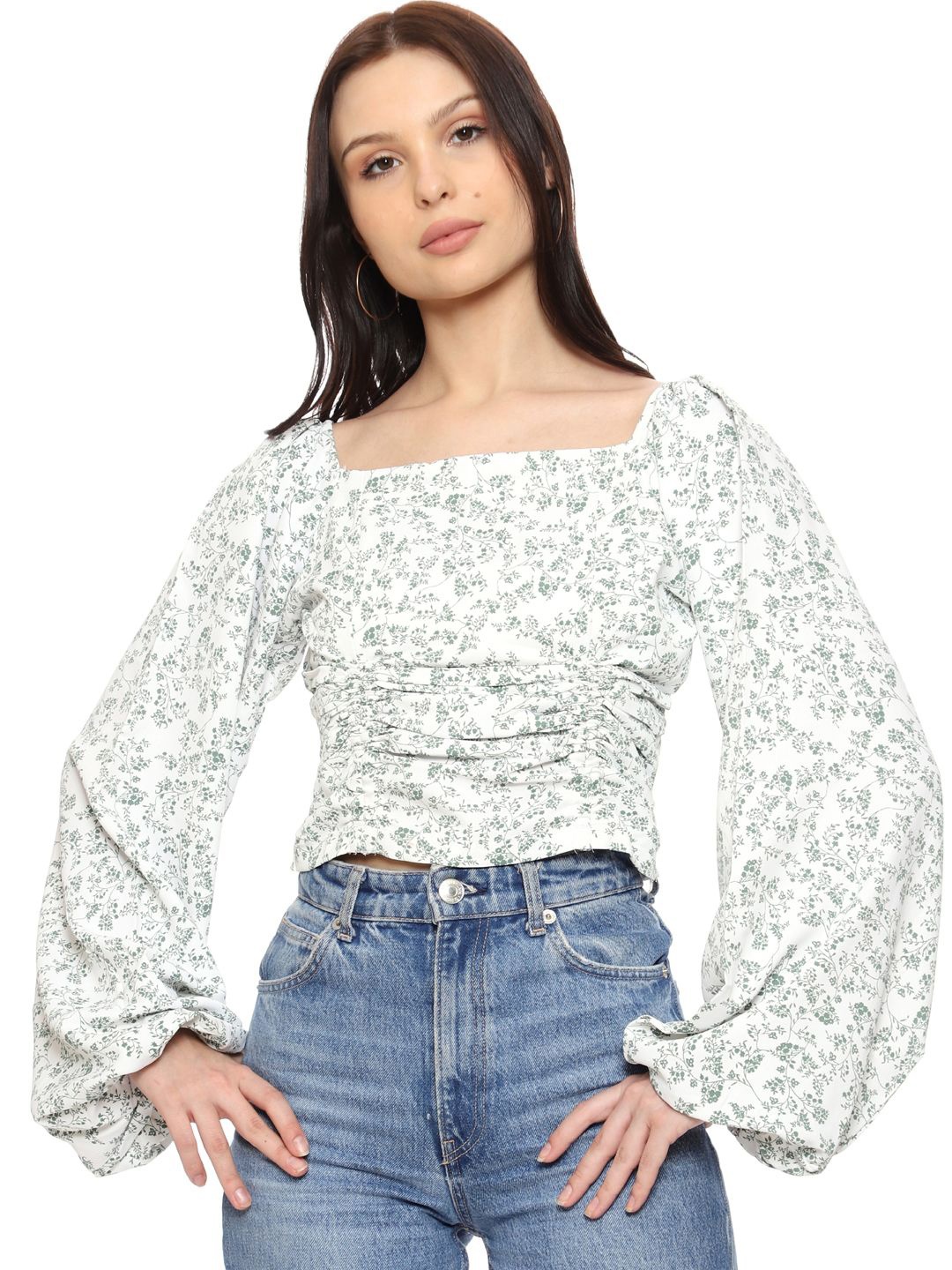 

SXV STYLE Women Floral Printed Puff Sleeve Georgette Top, White