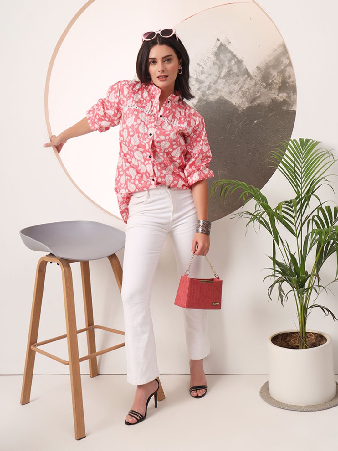 

KALINI Women Floral Print Mandarin Collar Puff Sleeve Cotton Top, Pink