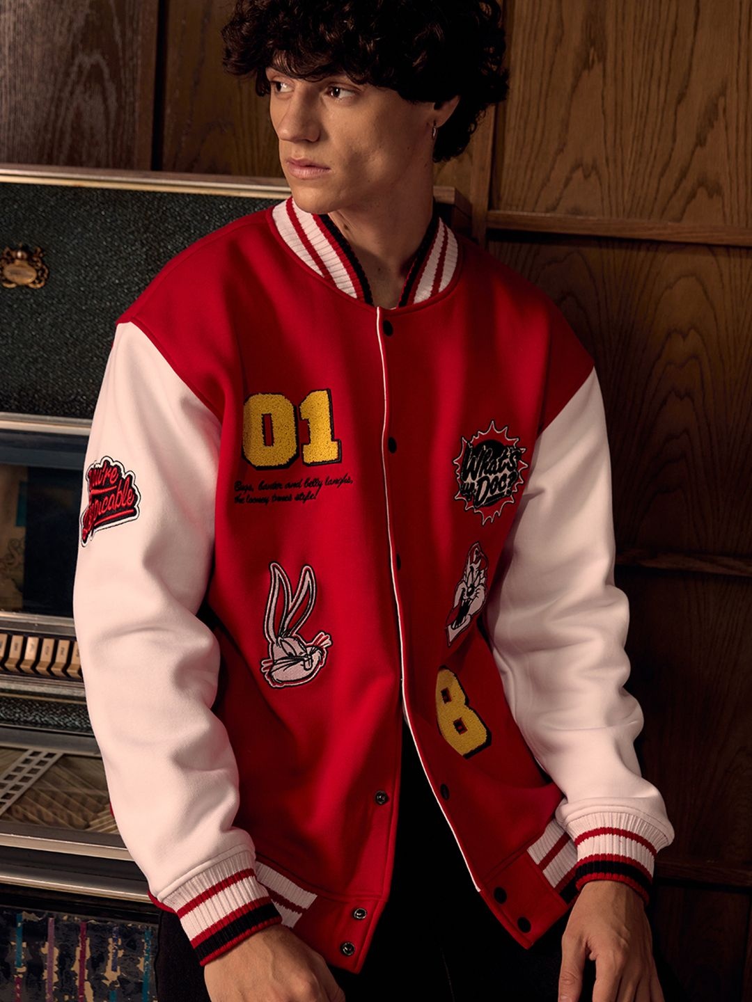 

Bonkers Corner Men Stand Collar Graphic Printed Cotton Casual Varsity Jacket, Red