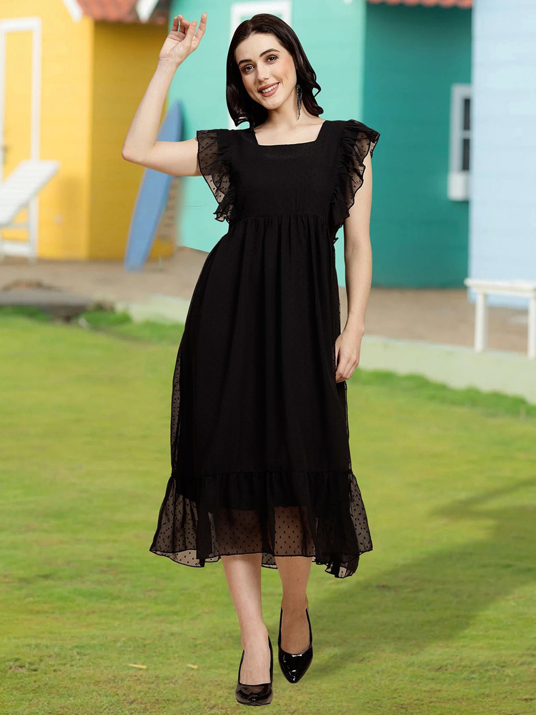 

MISS AYSE Applique Fit & Flare Dress, Black