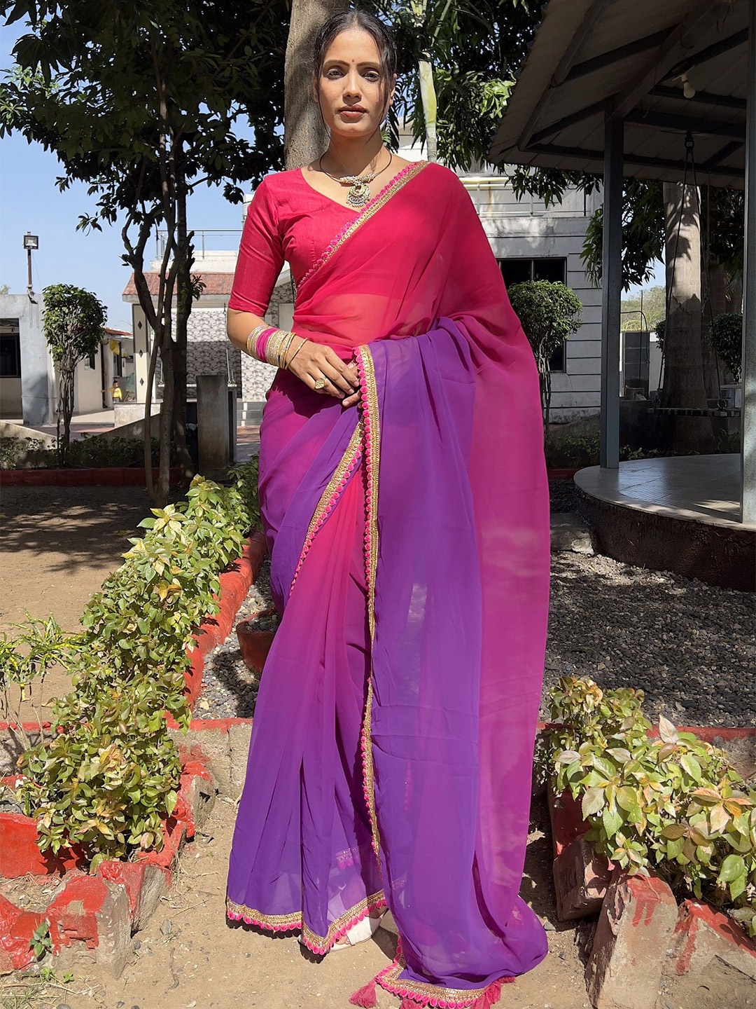 

APNISHA Ombre Embroidered Pure Georgette Ready to Wear Saree, Purple