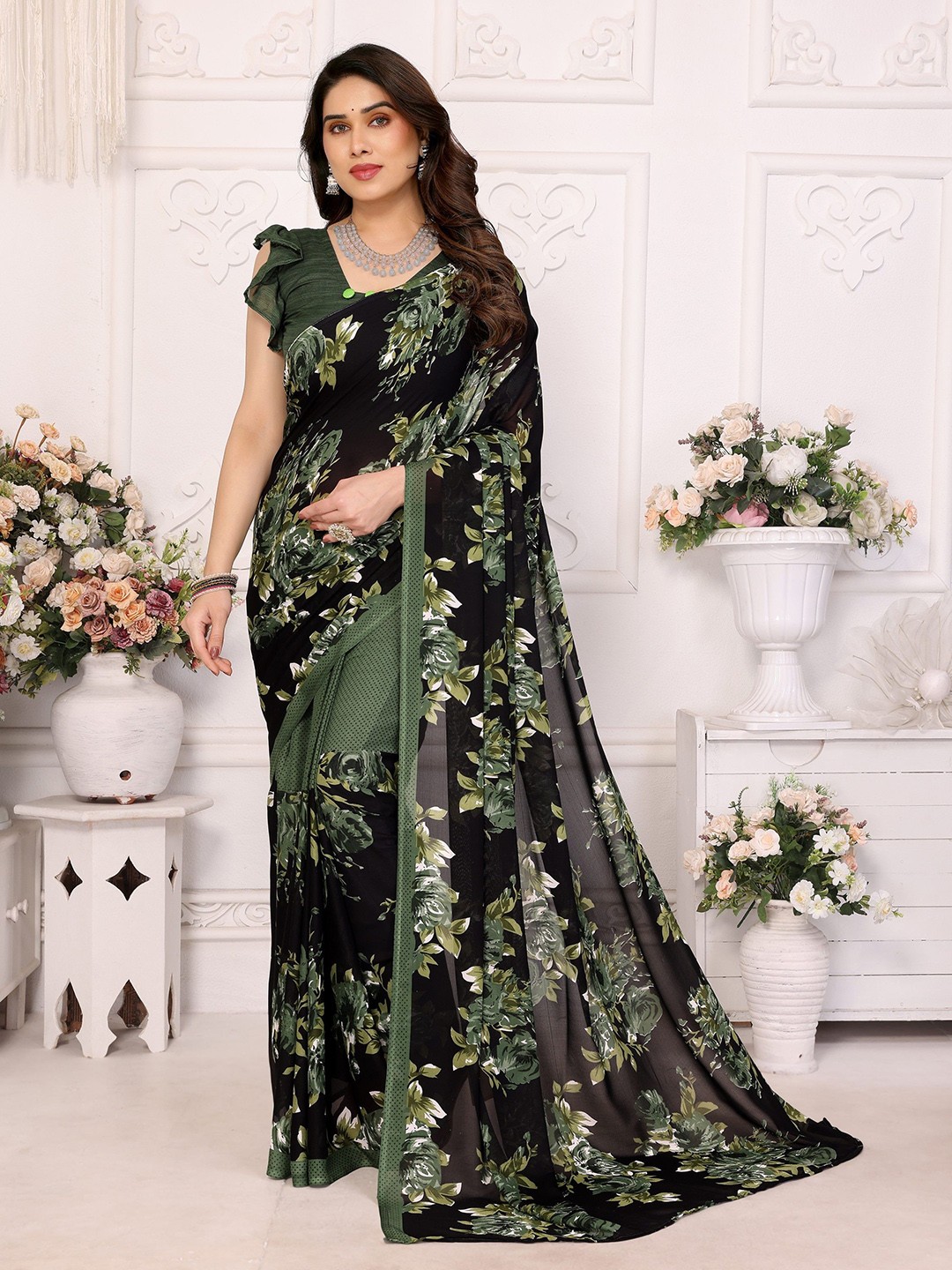 

Nirmohi Fashion Floral Printed Saree, Olive