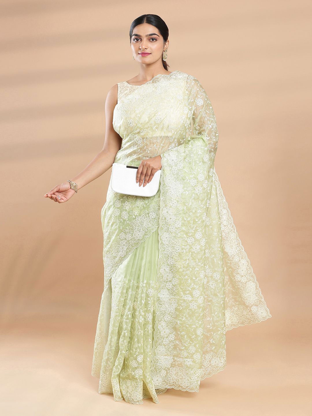 

Kalyan Silks Floral Embroidered Organza Saree, Green