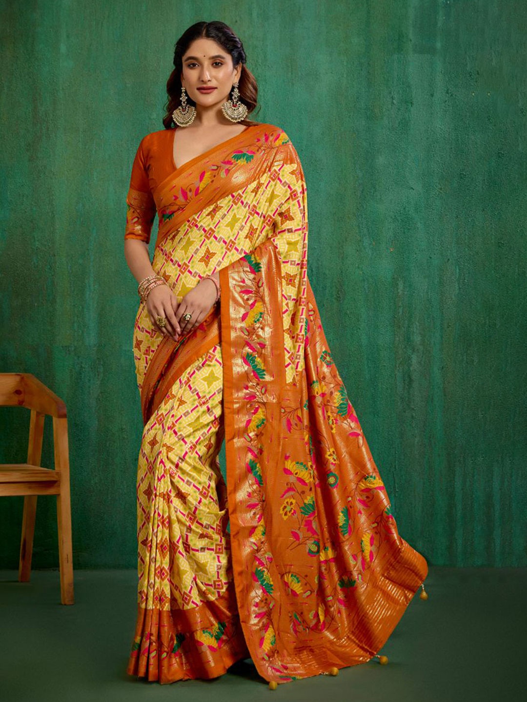 

Sangria Orange Yellow Cotton Silk Ikkat Print Ready to Wear Saree