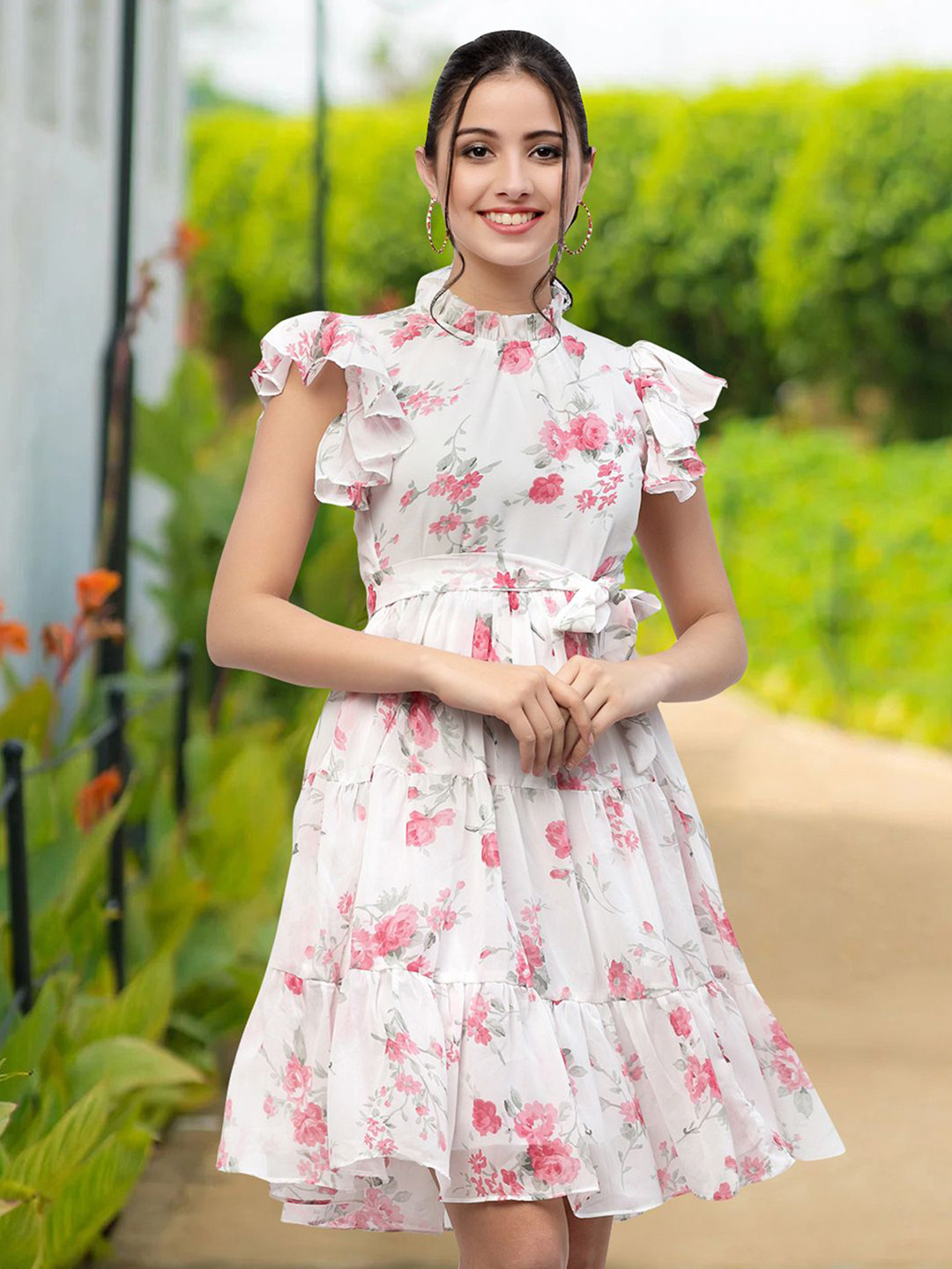 

MISS AYSE Floral Print Applique Fit & Flare Dress, Pink