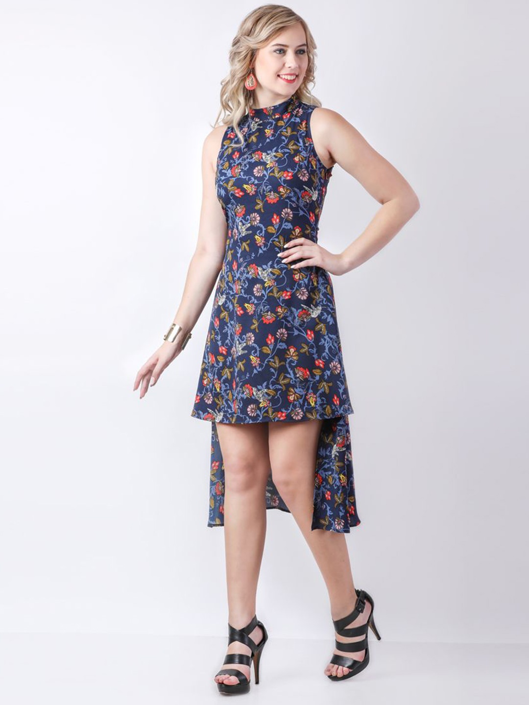 

DELIS Floral Print Choker Neck Georgette A-Line Mini Dress, Navy blue