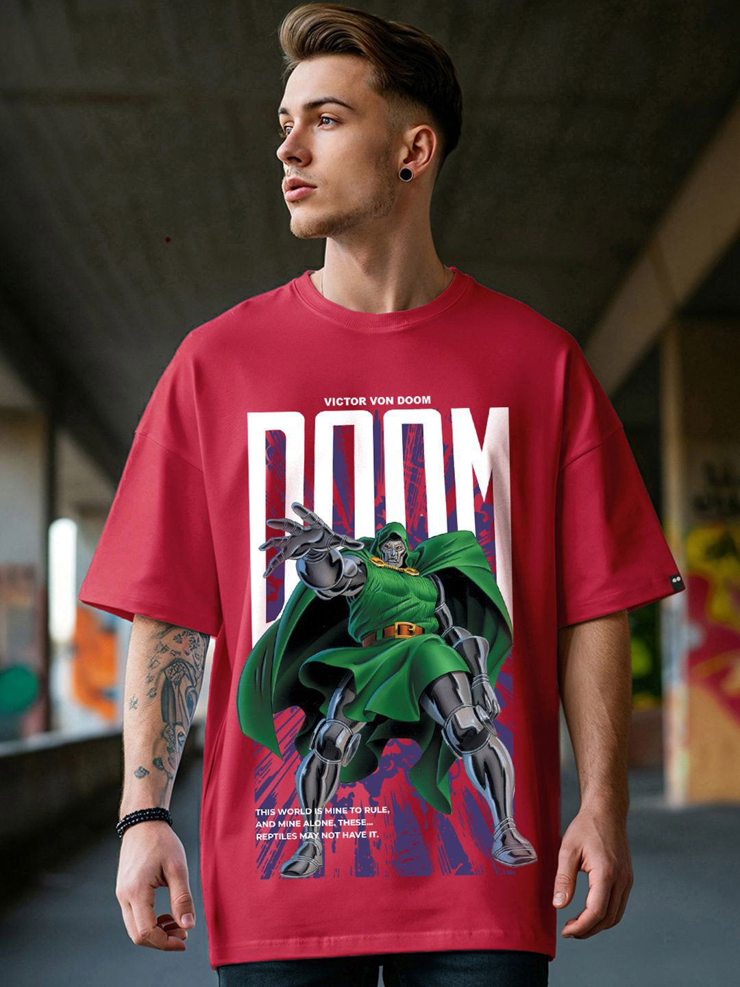 

Bewakoof Official Marvel Merchandise Dr.Doom Men's Graphic Printed Oversized T-Shirt, Red