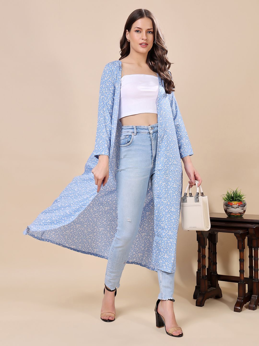 

Cation Floral Printed Longline Open Front Shrug, Blue