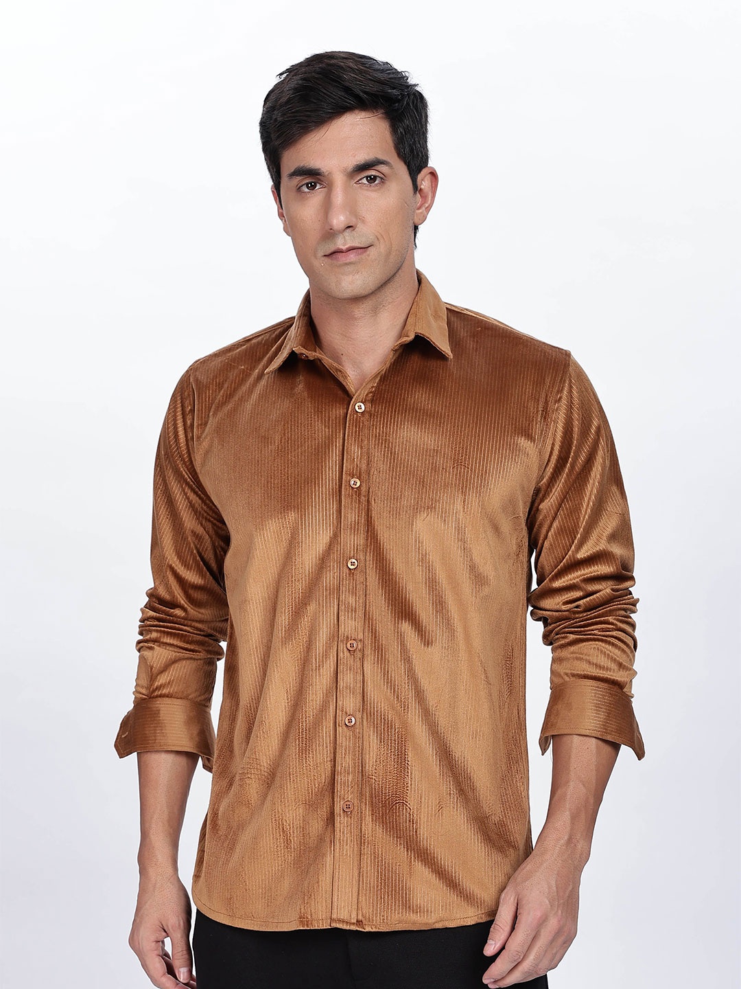 

BUMCHIQ Men Comfort Slim Fit Spread Collar Vertical Striped Casual Shirt, Brown