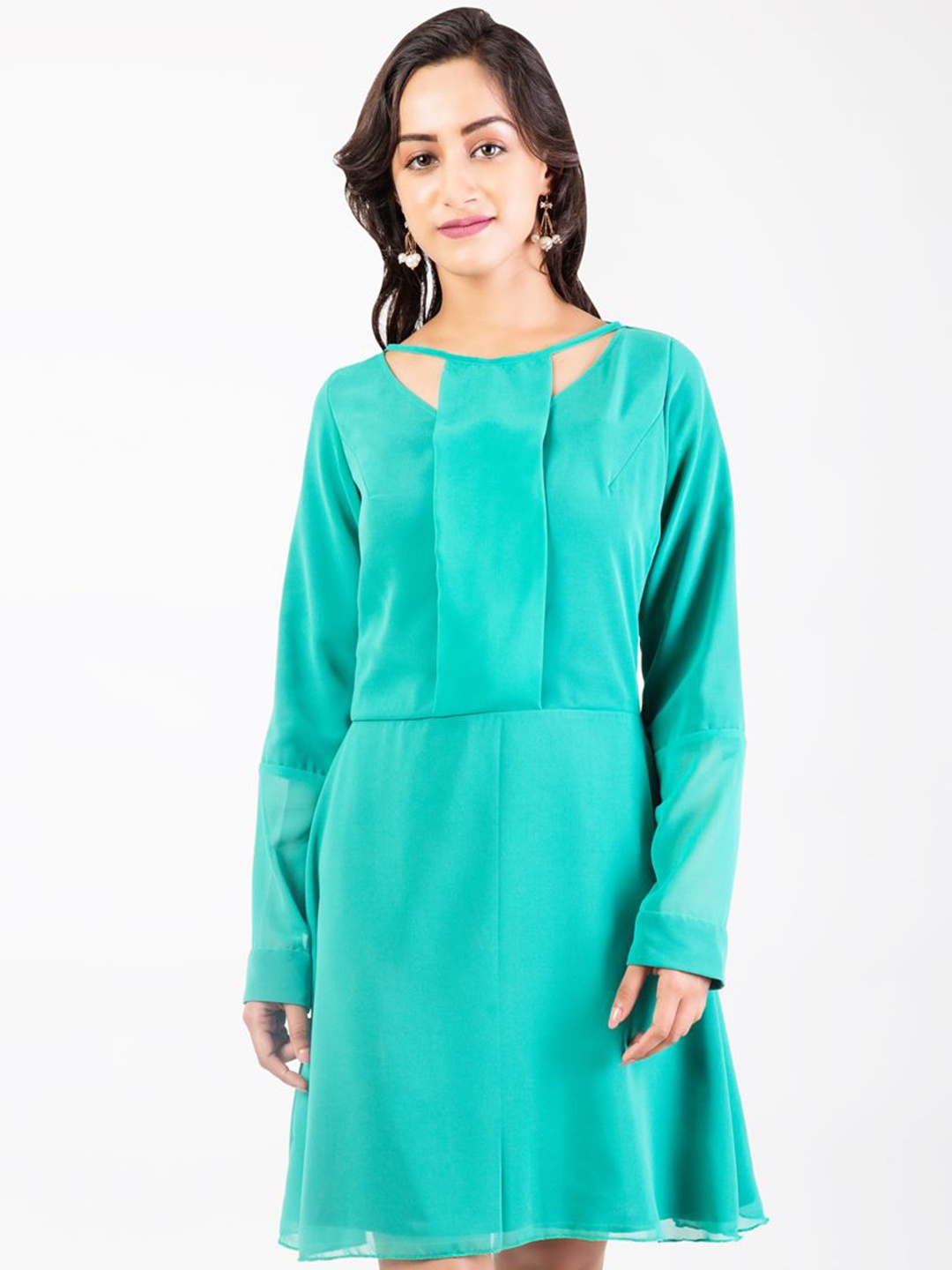 

DELIS Round Neck Georgette A-Line Dress, Turquoise blue