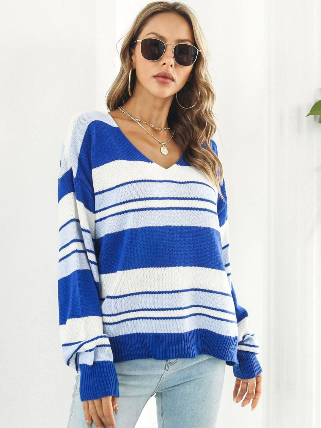 

Oh Rare Women Striped Pullover Sweaters, Blue