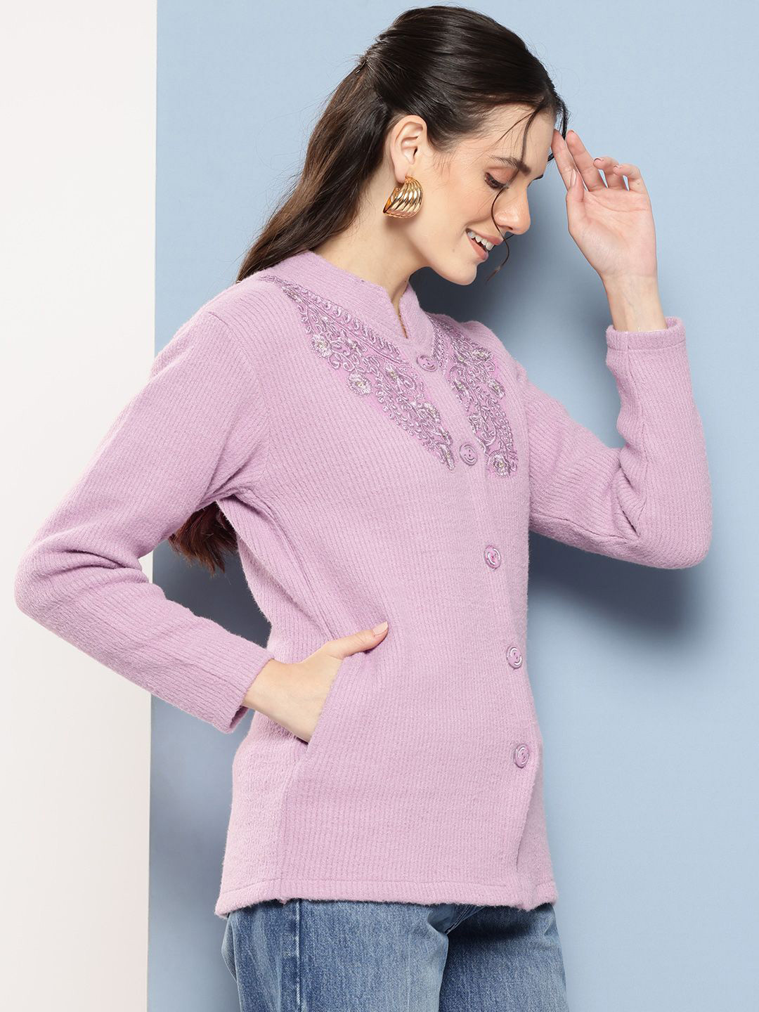 

BAESD Women Embroidered Woollen Cardigan, Purple