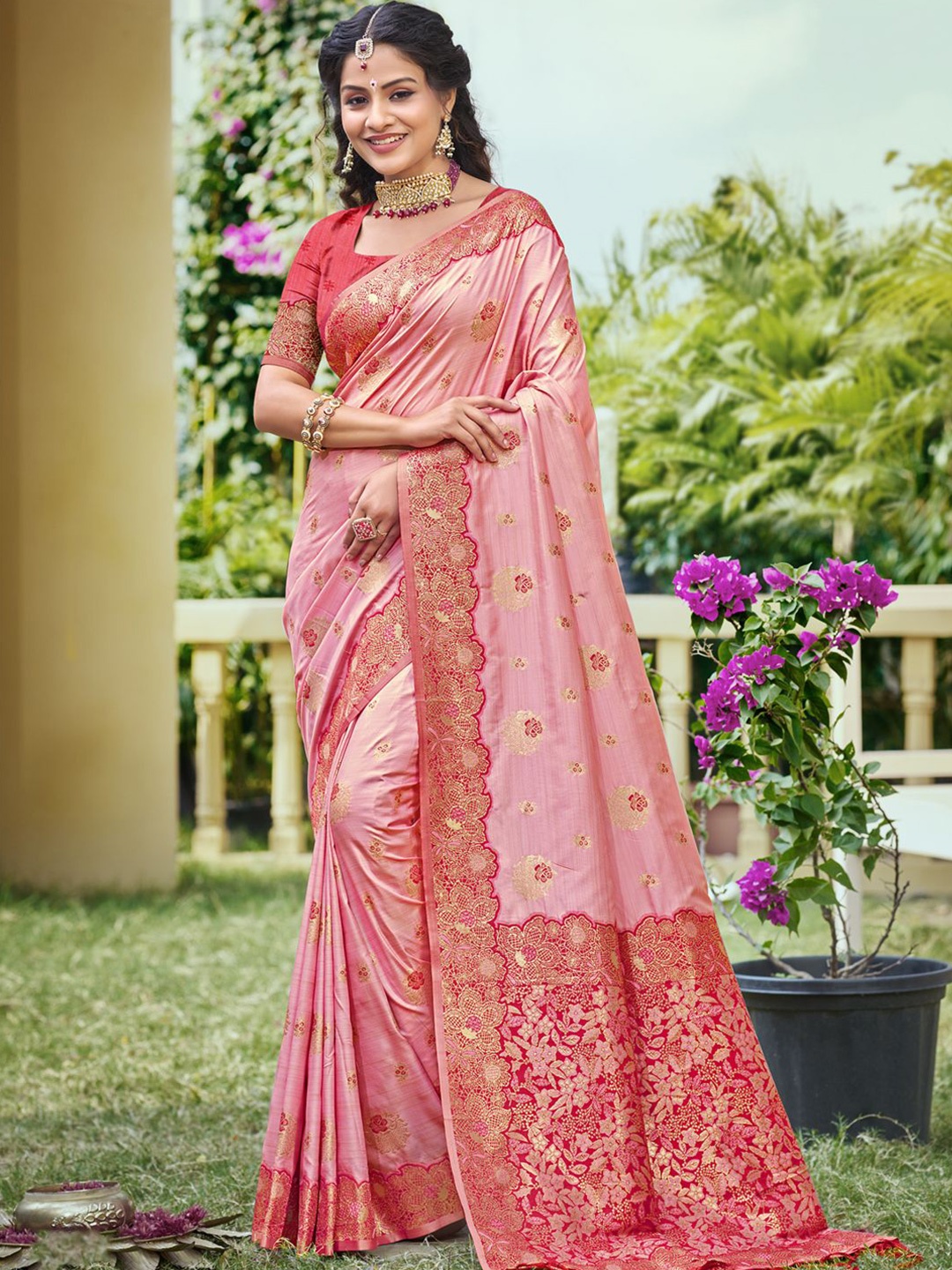 

SANGAM PRINTS Floral Zari Banarasi Saree, Pink