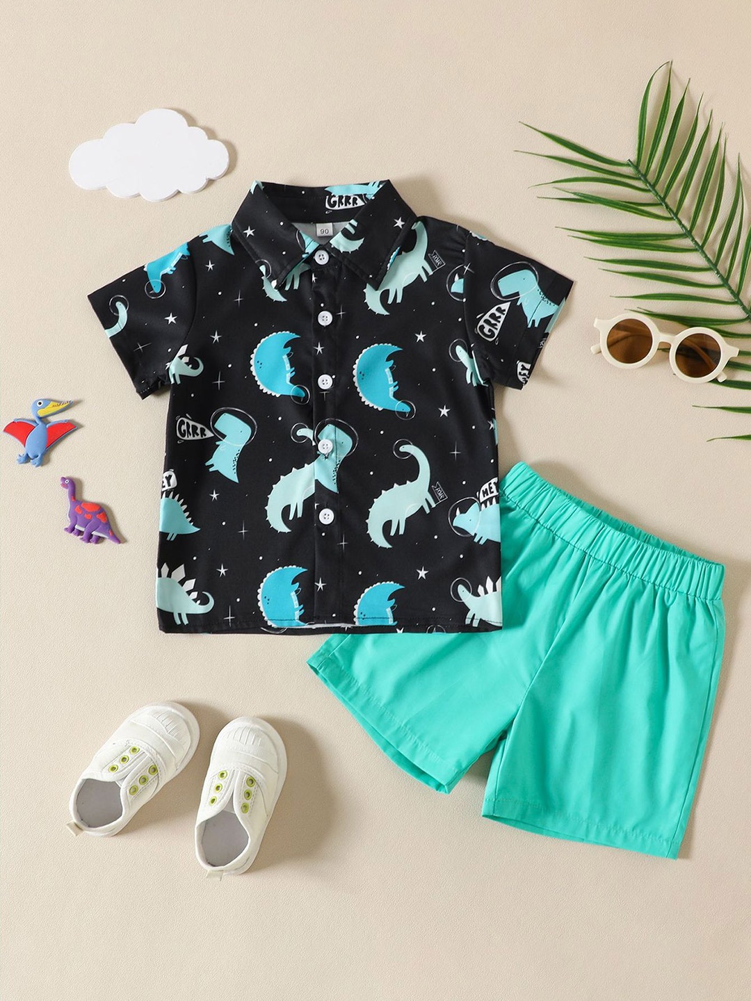 

LULU & SKY Boys Printed Short Sleeves Shirt With Shorts, Black