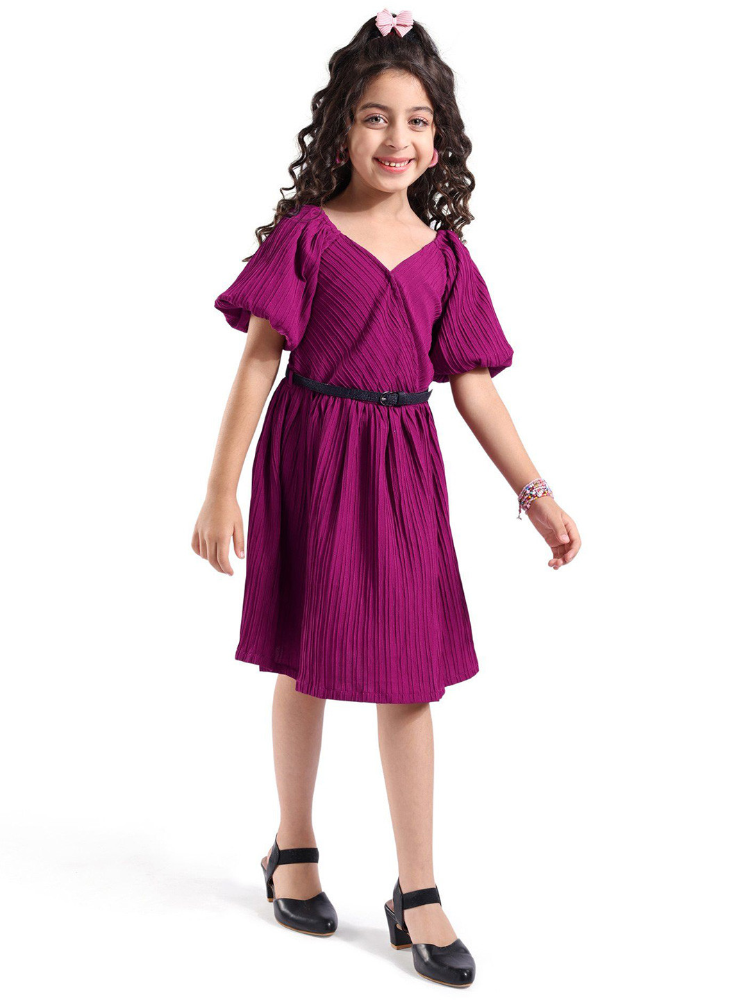 

Hola Bonita Girls V-Neck Puff Sleeves A-Line Dress, Purple