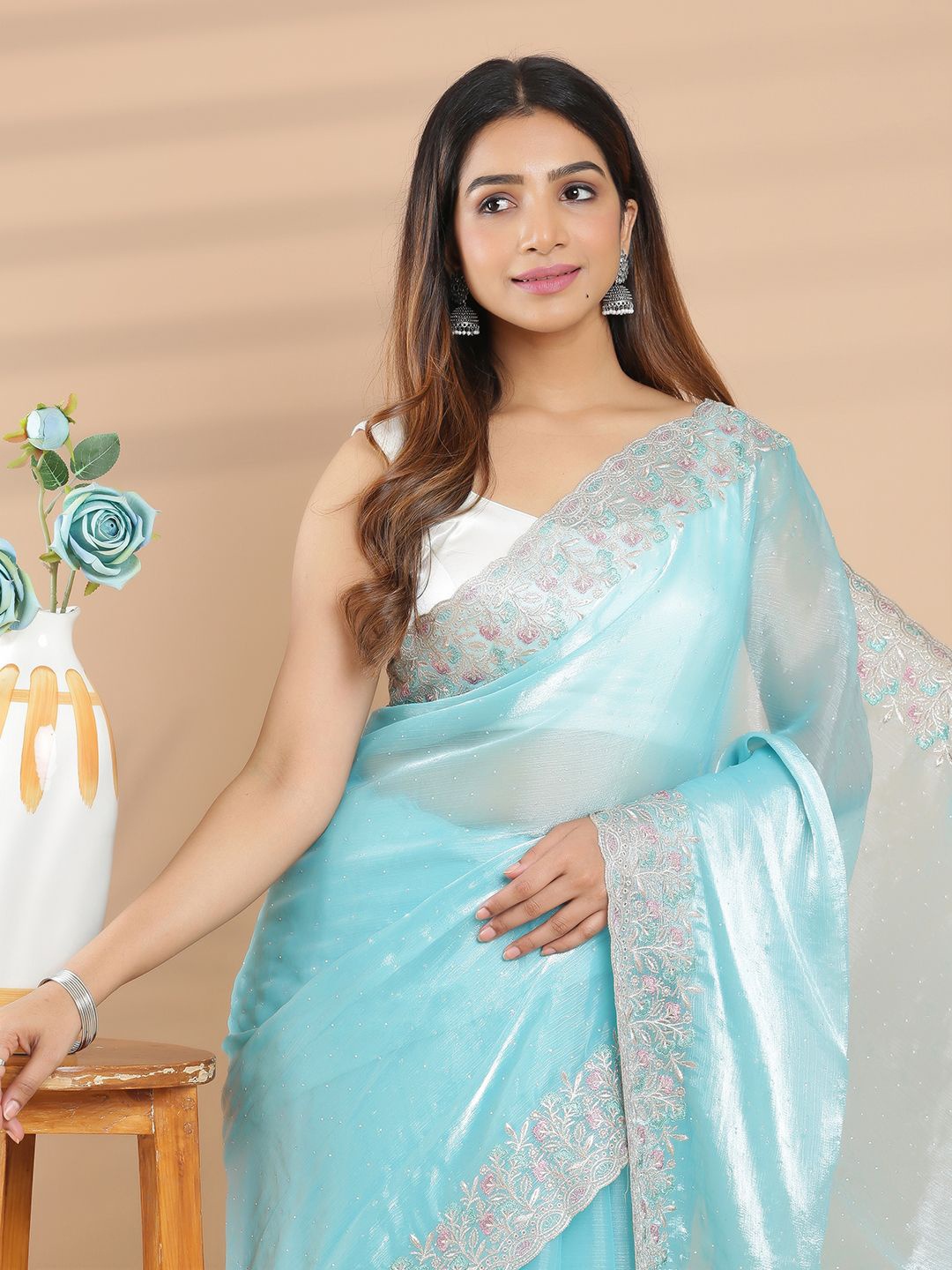 

Kalyan Silks Embellished Beads and Stones Organza Saree, Turquoise blue