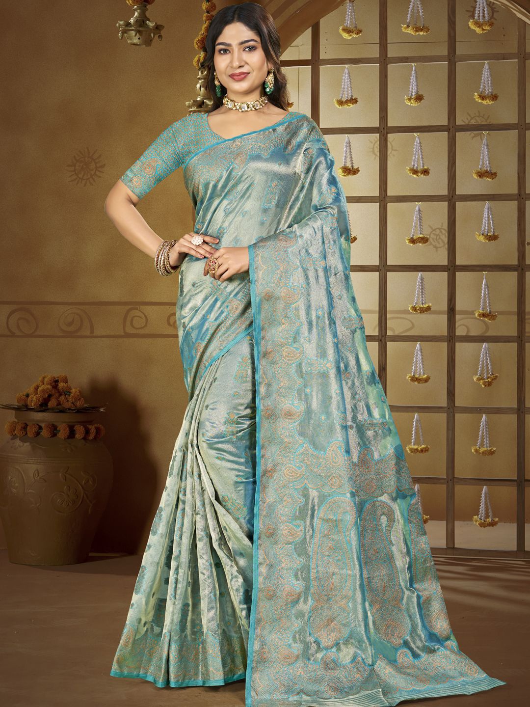 

SANGAM PRINTS Floral Woven Design Zari Tussar Saree, Turquoise blue