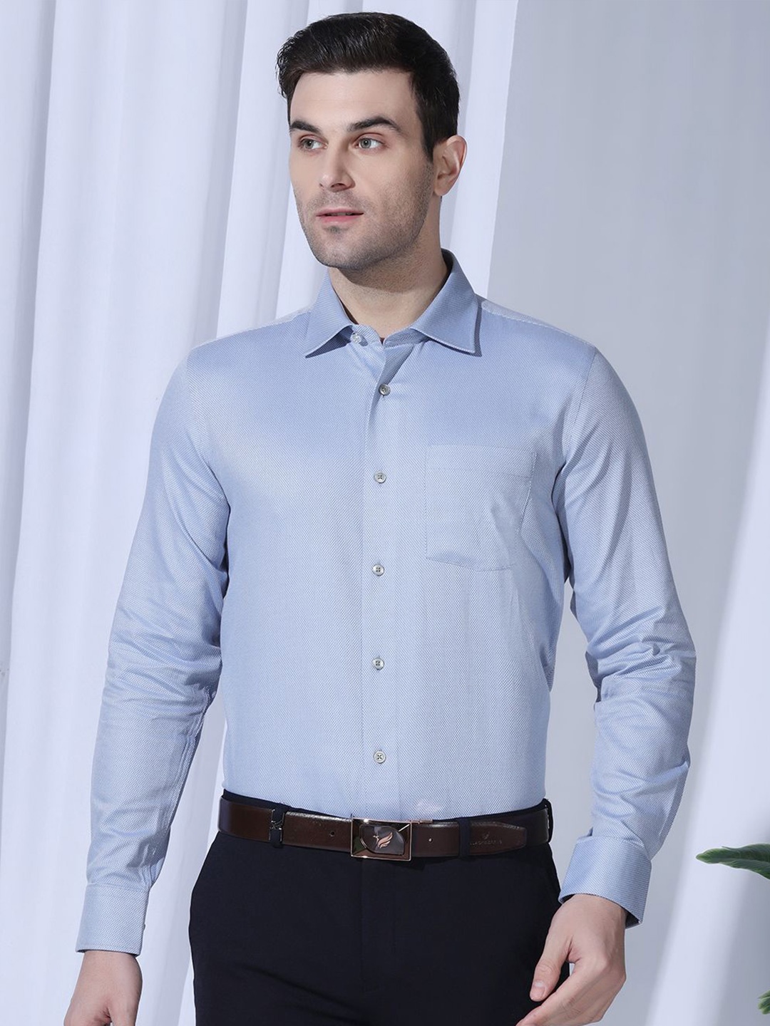 

Blackberrys Men India Slim Fit Spread Collar Textured Cotton Casual Shirt, Blue