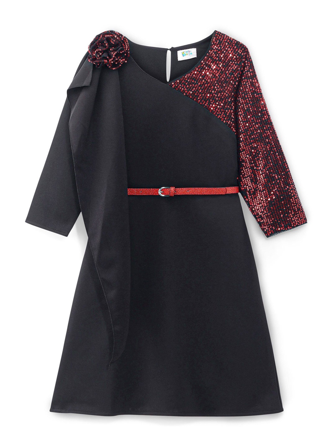 

Hola Bonita Girls V-Neck Embellished A-Line Dress with Belt, Black
