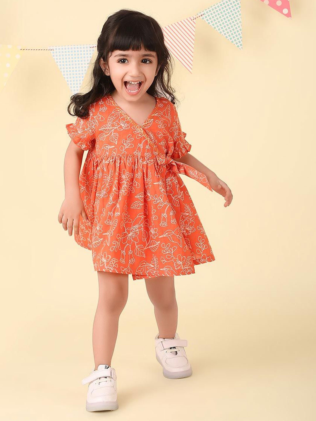 

Fabindia Floral Print Bell Sleeve Fit & Flare Mini Dress, Orange