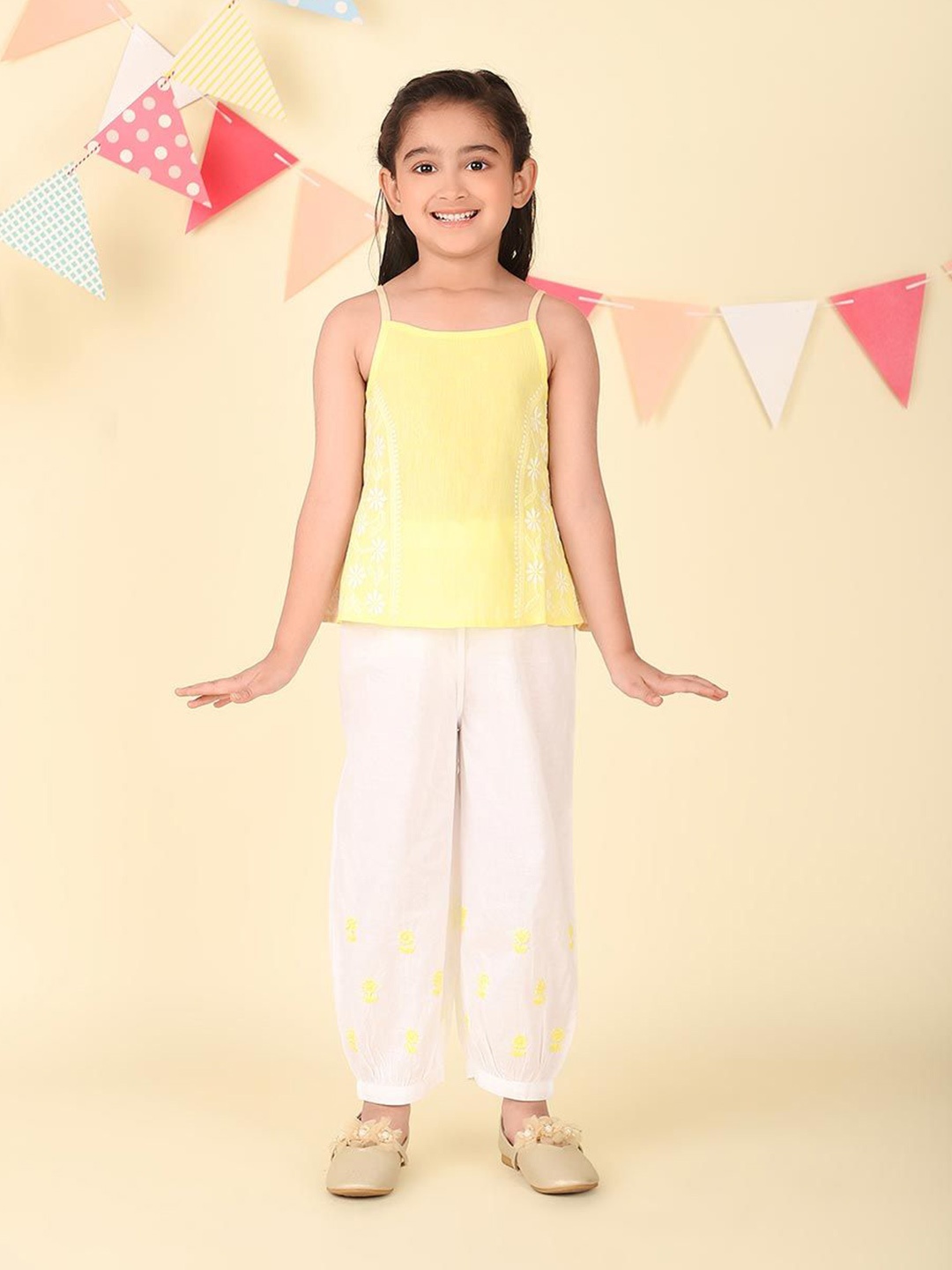 

Fabindia Girls Embroidered Pure Cotton Top With Trouser, Yellow