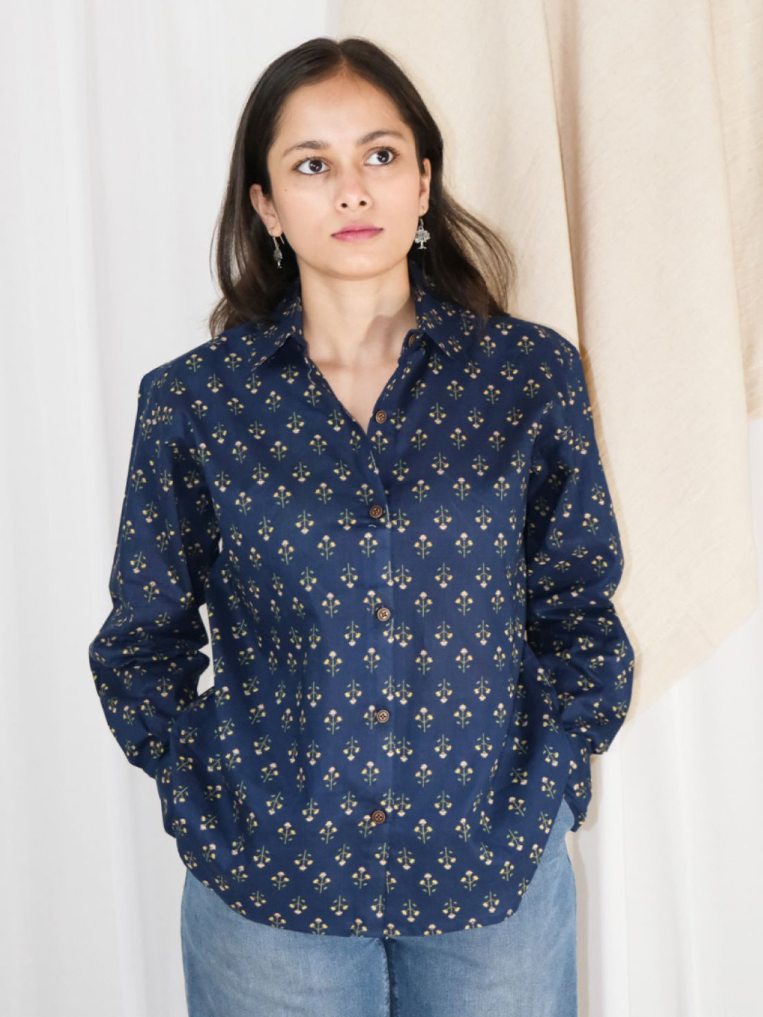 

Ruha Floral Print Cotton Shirt Style Top, Navy blue