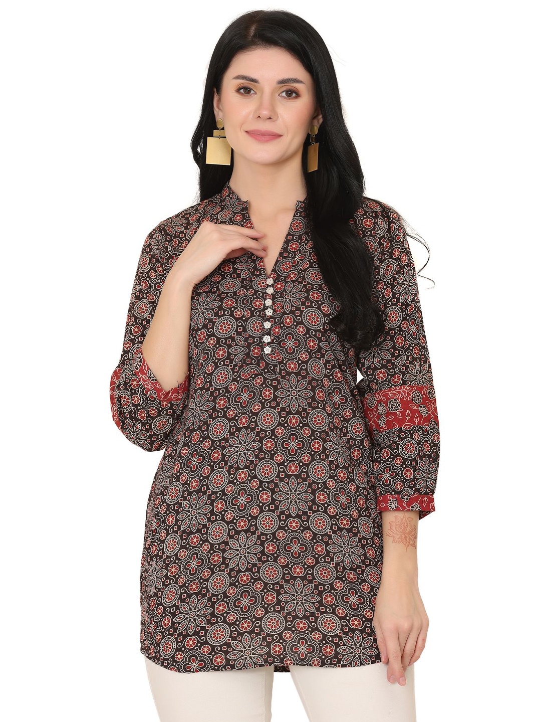

Jivitha Women Mandarin Collar Cotton Longline Top, Brown