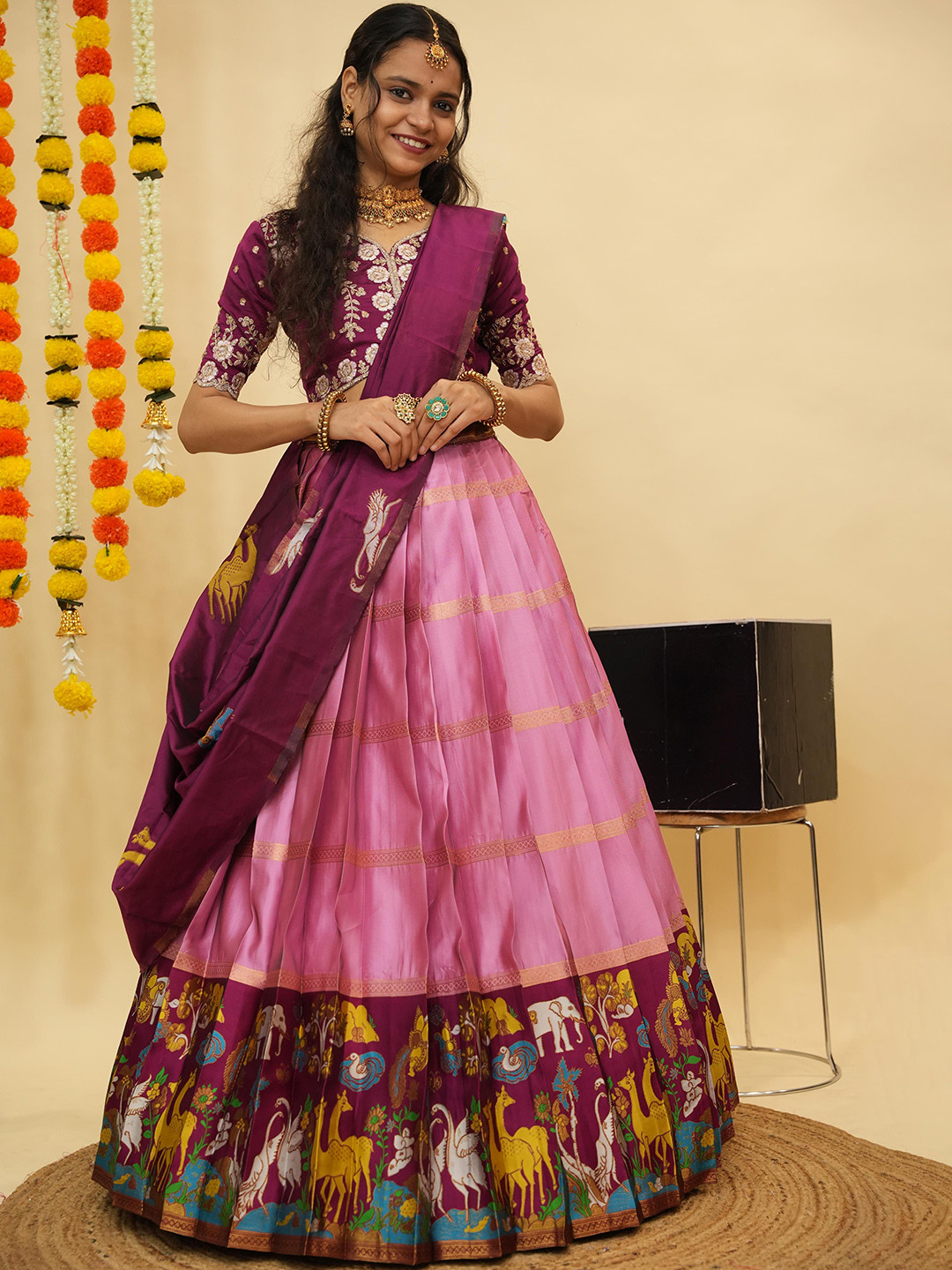

Fabcartz Embroidered Zari Work Semi-Stitched Lehenga With Unstitched Blouse & Dupatta, Pink