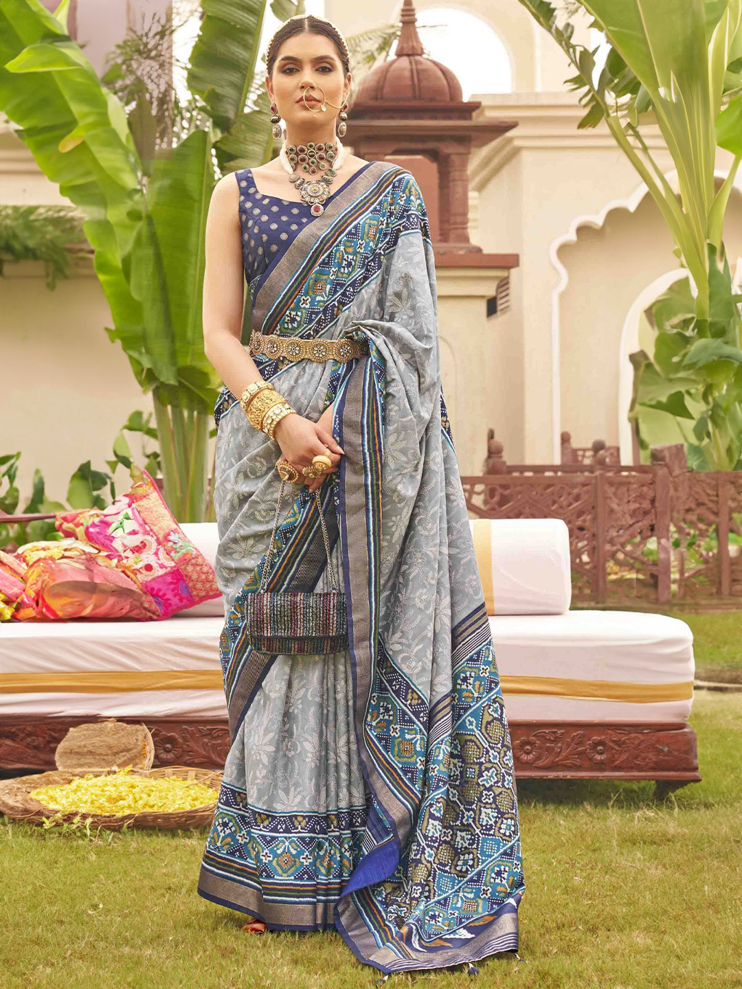 

Mitera Floral Silk Blend Patola Saree, Grey