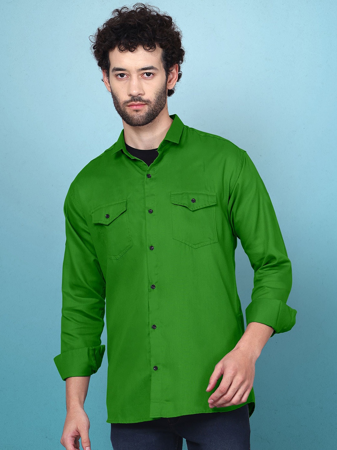 

WOXEN Men Original Fit Spread Collar Solid Cotton Casual Shirt, Green