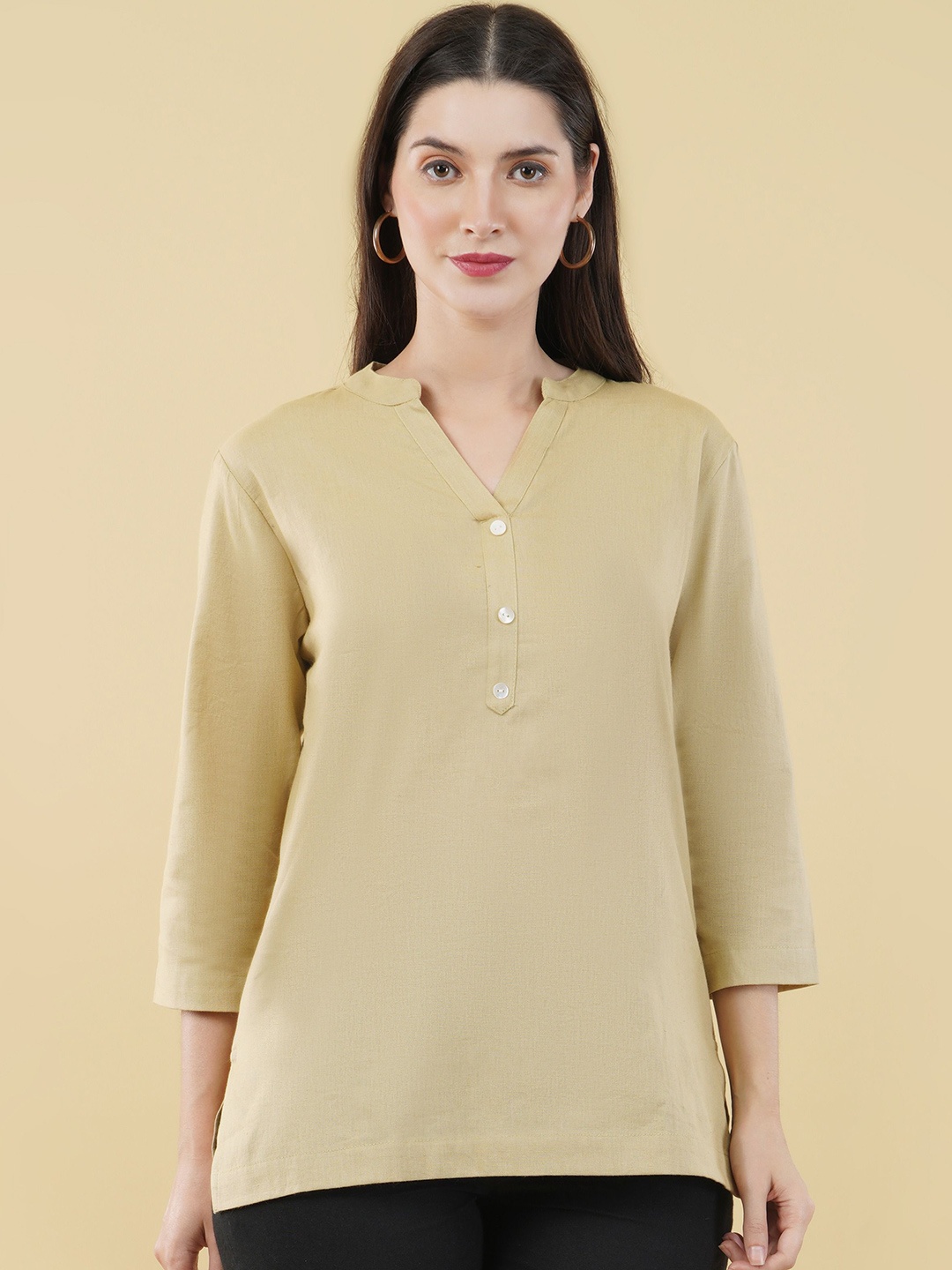 

SKYTICK Women Mandarin Collar Pure Cotton Kurti, Beige