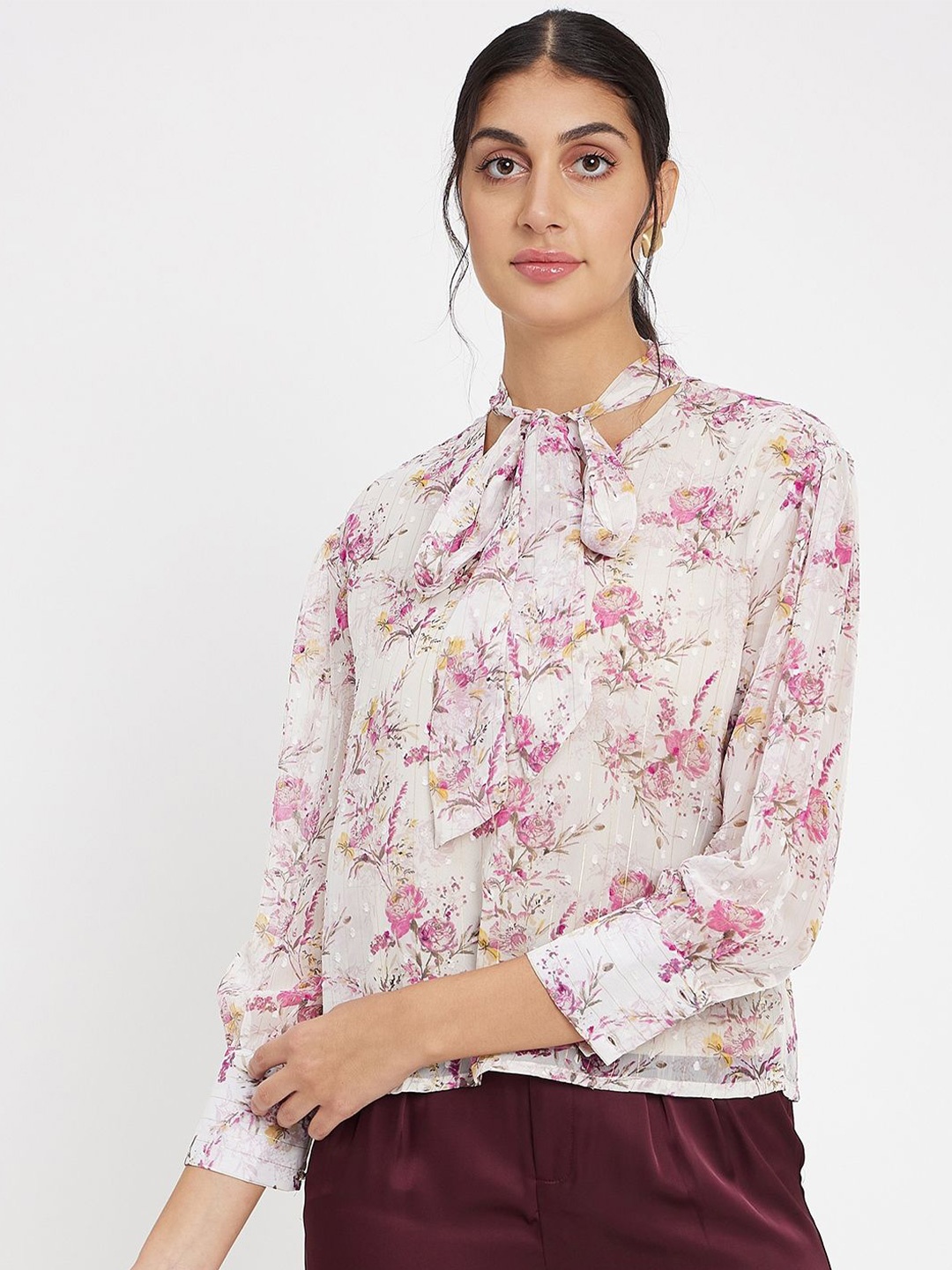 

Madame Floral Print Tie-Up Neck Top, Pink