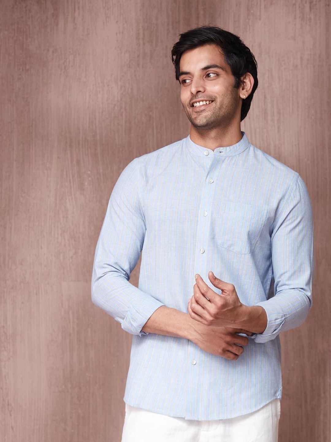 

Fabindia Men Slim Fit Band Collar Vertical Striped Cotton Casual Shirt, Blue