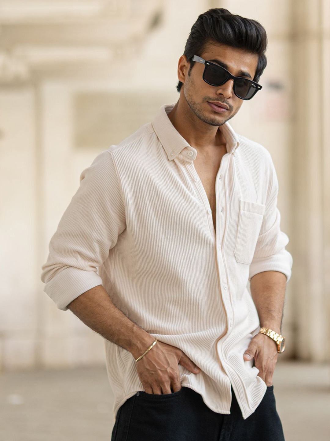 

Powerlook Men Spread Collar Textured Cotton Casual Shirt, Cream